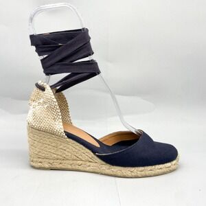Castaner Womens 38 7.5 Carina Navy Blue Canvas Lace Up Espadrille Wedge Sandals
